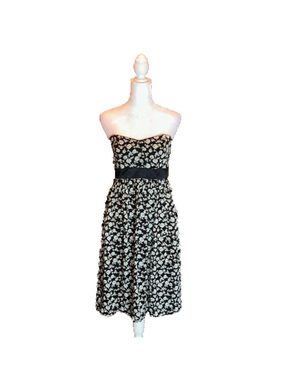 WHITE HOUSE BLACK MARKET Black  w/ Cream Floral Print Strapless Dress, Size 2